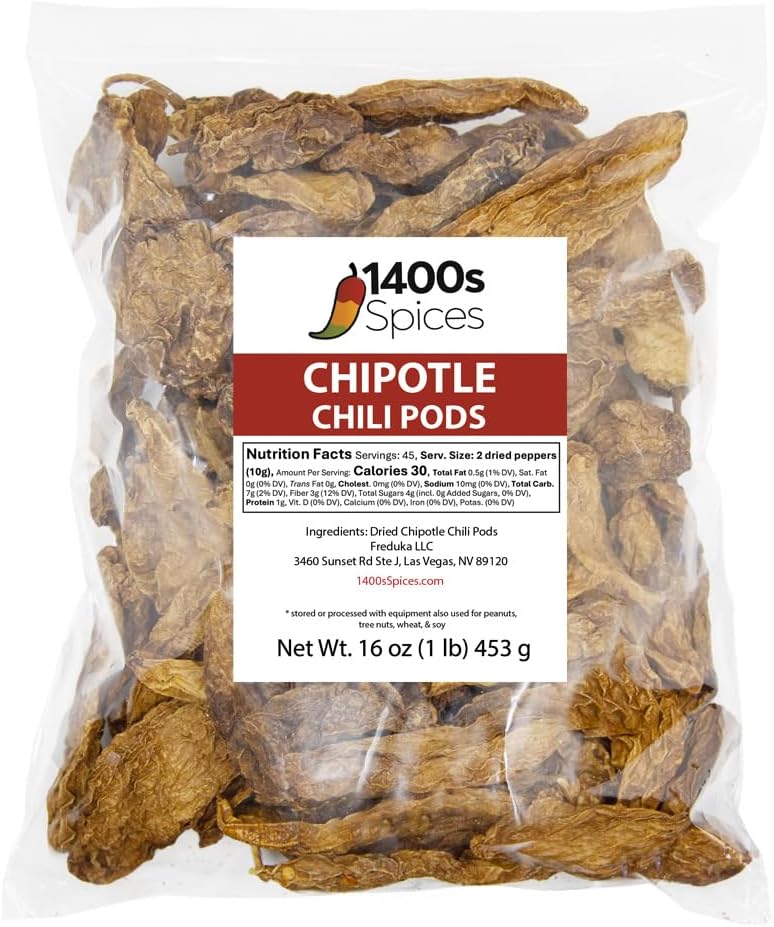 1lb Chipotle Meco Chiles, Dried Whole Smoked Peppers by 1400s Spices