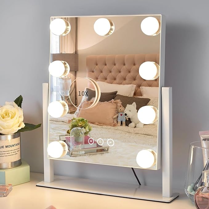 Vanity Mirror with Lights,Lighted Vanity Mirror with 9 Dimmable Bulbs for Dressing Room & Bedroom,3 Color Lighting,Modes Detachable 10x Magnification 360Â°Ratation(White)