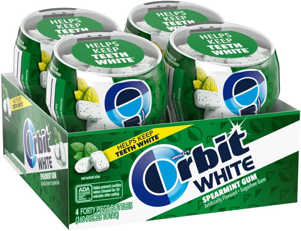 ORBIT WHITE Spearmint Sugar Free Mint Sugarless Fresh Breath Chewing Gum, 40 Piece Resealable Bottle (Pack of 4)