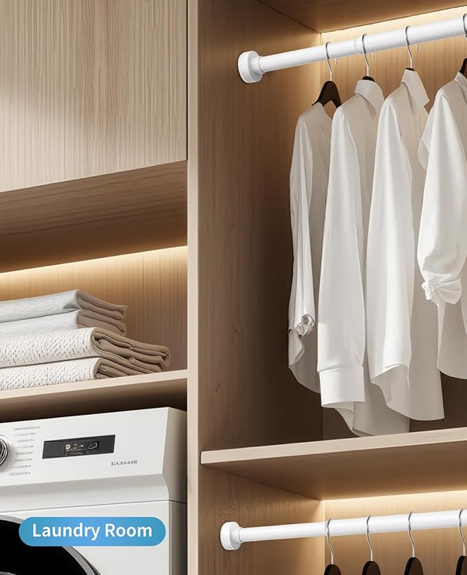 White Shower Curtain Rod 34-82 Inches(2.8-6.8ft) Adjustable Shower Rod No Drilling Non-slip Never Rust Shower Tension Rod for Bathroom Bedroom Windows Outdoor Garden