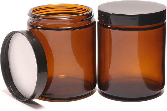 8oz 2pack Thick Glass Jars with black Lids,250g Amber Wide Mouth Empty Travel Toiletries Cosmetic Containers for Sample, Cream, Lotion,Candle,Storage,and Home Organization