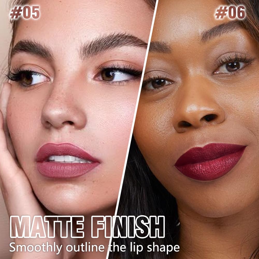 2Pcs Matte Lipstick Crayon Set for Women, Mauve Cherry Red 24 Hour Lipstick Lip Liner Pencil, Neutral Lip Stick Lipliner Long Lasting Waterproof Smudge Proof, Vegan & Cruelty-Free, 05+06