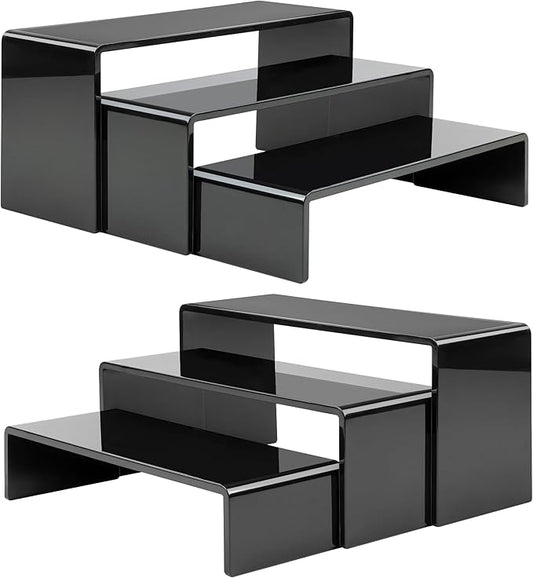 ANDGOO 6 Pcs Acrylic Display Risers, 2 Set(7.9âL, 8.3âL, 8.7âL) Rectangular Display Stands, Acrylic Display Shelves for Figures, Perfume Organizer, Cupcake Dessert Table Display Set, Black