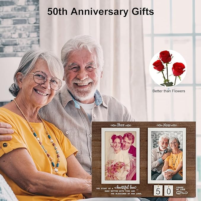 Then & Now Celebrate Years of Love Anniversary Frame, 1-99 Years Wedding Gift Ideas, Engagement Bridal Shower Gifts with Sentimental Quote,Holds 2 4x6 Inches Photos (Then & Now)