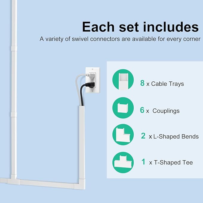 Rindion Cord Hider, 113.6in Cable Hider, Cord Covers for Wires on Wall, Wire Covers for Cords on Wall, Cable Management Wire Hiders for TV, 8 x L14.2 x W0.94x H0.55in - White