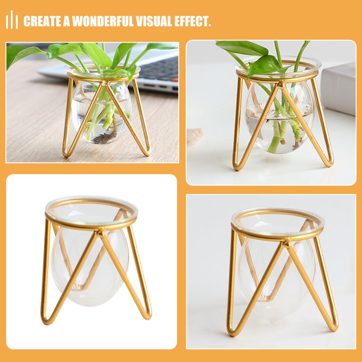 Homoyoyo Glass Planter with Gold Metal Stand, Decorative Hydroponic Vase Bulb for Desktop Plant Holder, Succulent Flower Arrangement Terrarium for Home and Office Décor