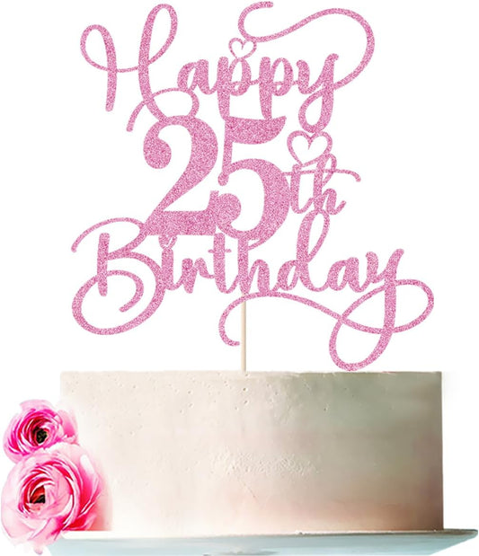 Pink Happy 25th Birthday Cake Topper 1pcs Glitter Cake Topper for twenty-five Birthday/Anniversary Theme Party Cake Decorations Supplies