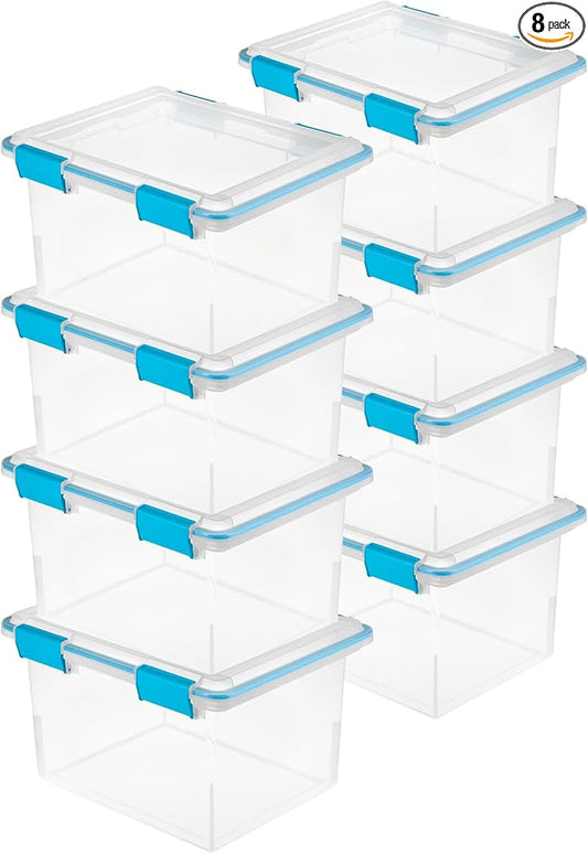 Sterilite 8-Pack Gasket Box, Weather-Resistant Storage Bins with Latching Lids, 32 Quart - Heavy-Duty Organizing Containers for Closet, Bathroom, and Office