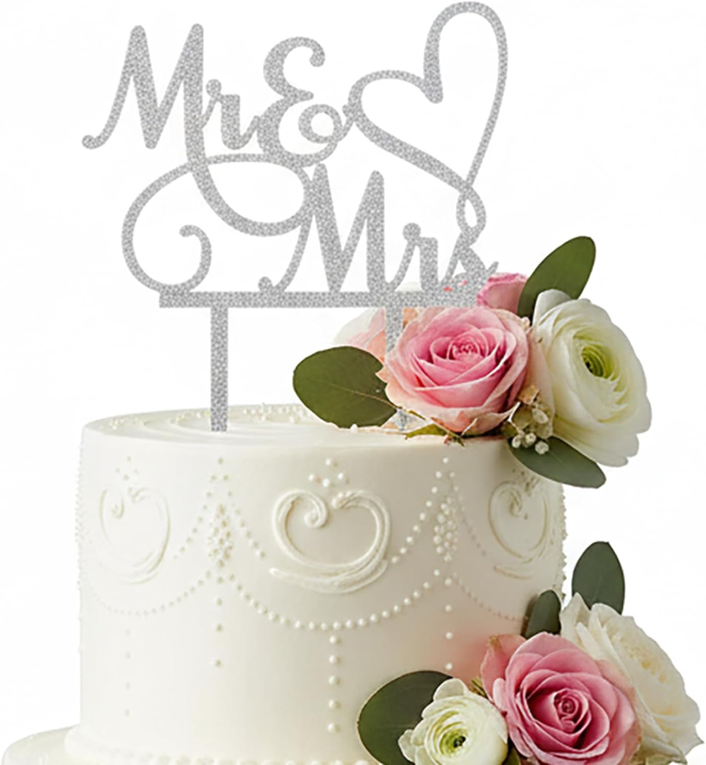 1-piece Wedding Cake Topper – Elegant Mr & Mrs Bride & Groom Acrylic Topper with Mirror Silver Glitter for Weddings & Engagements