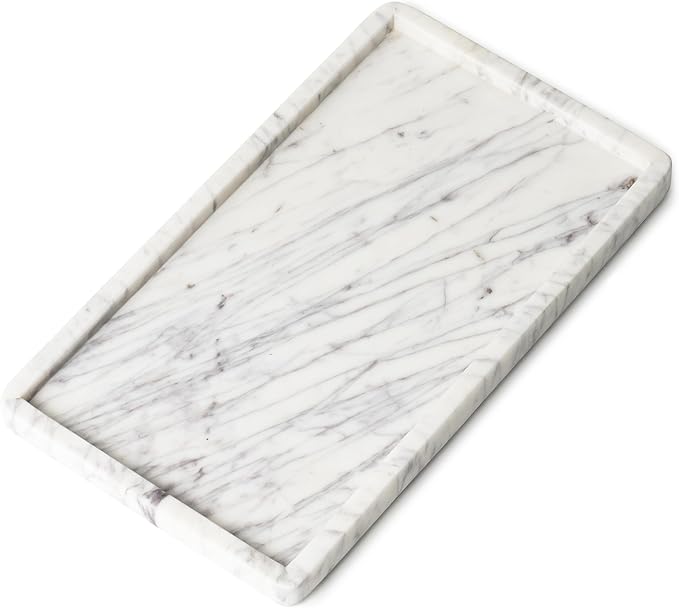 Cork & Mill Marble Tray for Bathroom Countertop, Kitchen Counter, or Catchall - 13" x 7Â½" Large Vanity Tray for Skincare or Perfume - Handcrafted Natural White Marble Stone Organizer