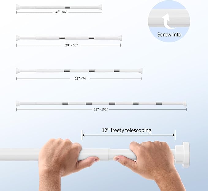 Mcrbeay Shower Curtain Rod, 1" Diameter Heavy Duty Tension Shower Rod, Non Slip Adjustable 28-102 inch No Drilling Shower Curtain Rods Spring Tension For Bathroom, Shower Stall, No Rust, White