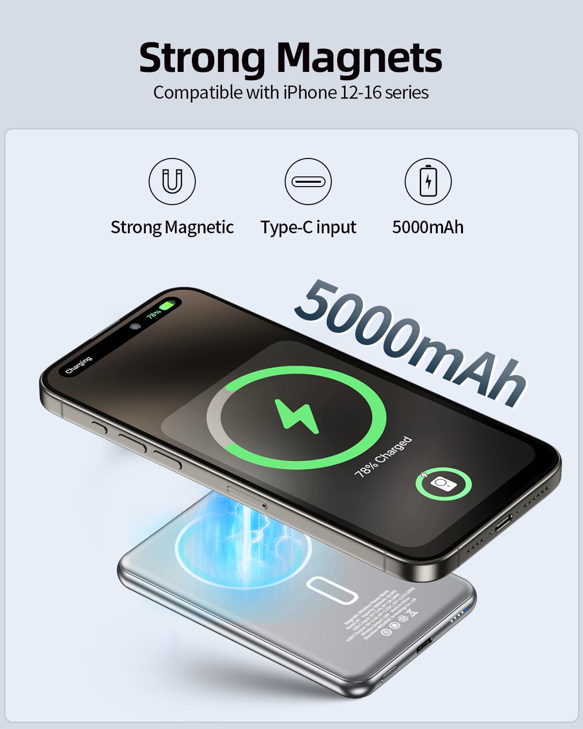 5,000mAh Magnetic Wireless Power Bank for iPhone, Portable Charger for Magsafe Battery Pack Compatible with iPhone 16 Pro Max/16 Pro/16/15/14/13/12 Series