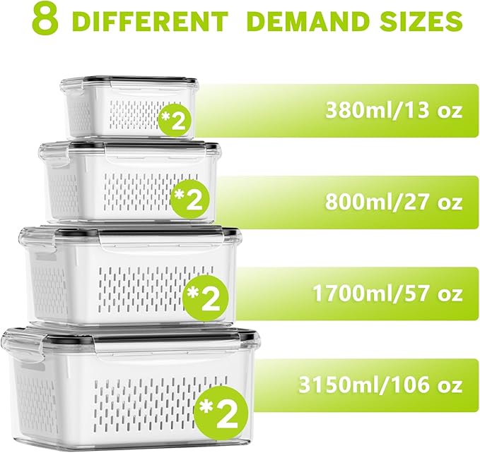 HOMETALL 8 Pack Fruit Storage Containers for Fridge, Fridge Organizers and Storage with Colander, Dishwasher & Microwave Safe Produce Containers Keep Fruits, Vegetables, Berry, Meat Fresh Longer