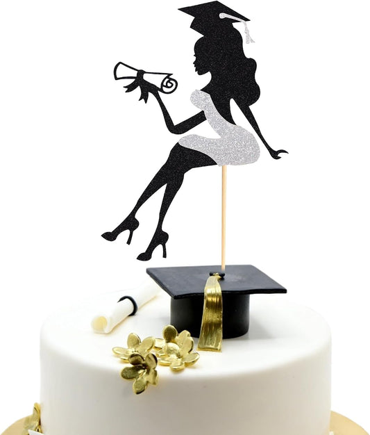 Arthsdite 1Pc High Heel Girl Graduation Cake Topper with Grad Cap Diploma 2026 Graduation Cake Pick 2026 Senior Graduation Cake Decorations for 2026 Girl Graduation Party Supplies - Silver Glitter