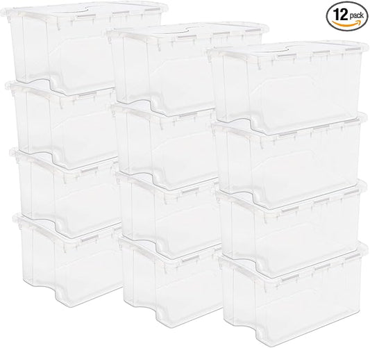 Sterilite 12 Pack Hinged Lid Storage Box, Stackable Organizing Container Bins, 4 Quart, Clear