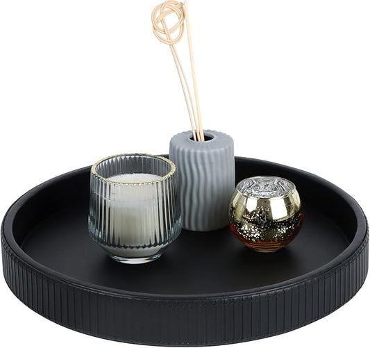 HofferRuffer Round Decorative Tray, Faux Leather Vanity Tray Decor, Decorative Catchall for Perfume, Bathroom Valet, Nightstand or Dresser (Black Stripe, Round-12" x 12" x 1.6")