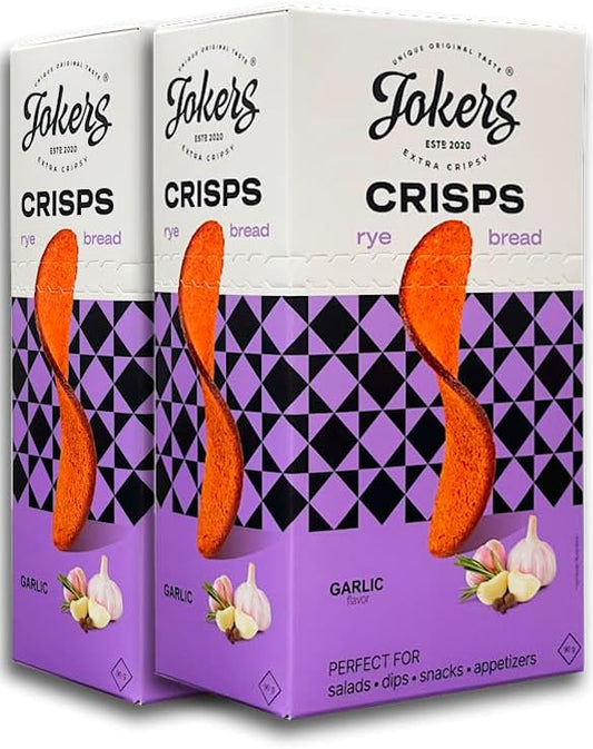 Roasted Garlic Rye Crisps 2 Boxes x 90g – Crunchy Snack for Dips, Soups & Salads, Party Snack, Toasted Bread Crisps, Better Than Nachos, European Rye Chips (2 Pack, Roasted Garlic)