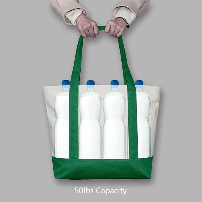 TOPDesign 6-Pack Canvas Tote Bags with an External Pocket, Reusable Grocery Shopping Bags, Top Zipper Closure, Daily Essentials (Green/Natural)