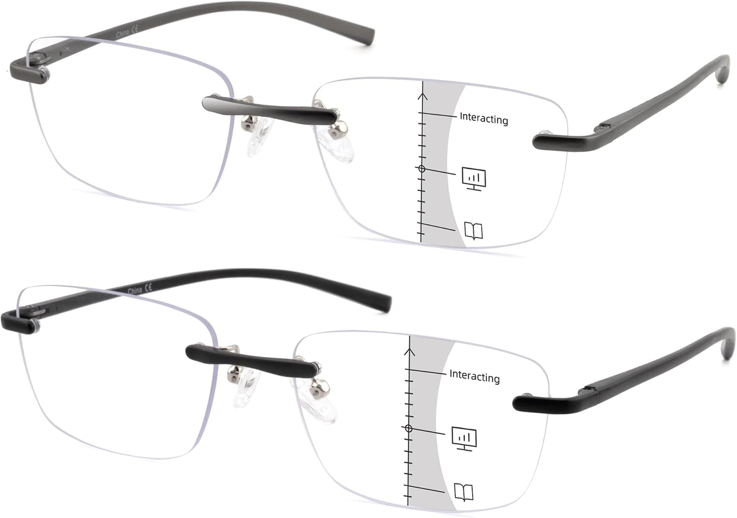 2 Pack Ultra Lightweight Rimless Progressive Multifocus Reading Glasses for Men,Blue Light Blocking Computer Readers