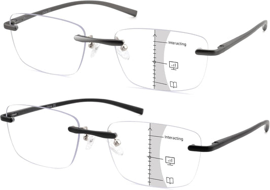 2 Pack Ultra Lightweight Rimless Progressive Multifocus Reading Glasses for Men,Blue Light Blocking Computer Readers
