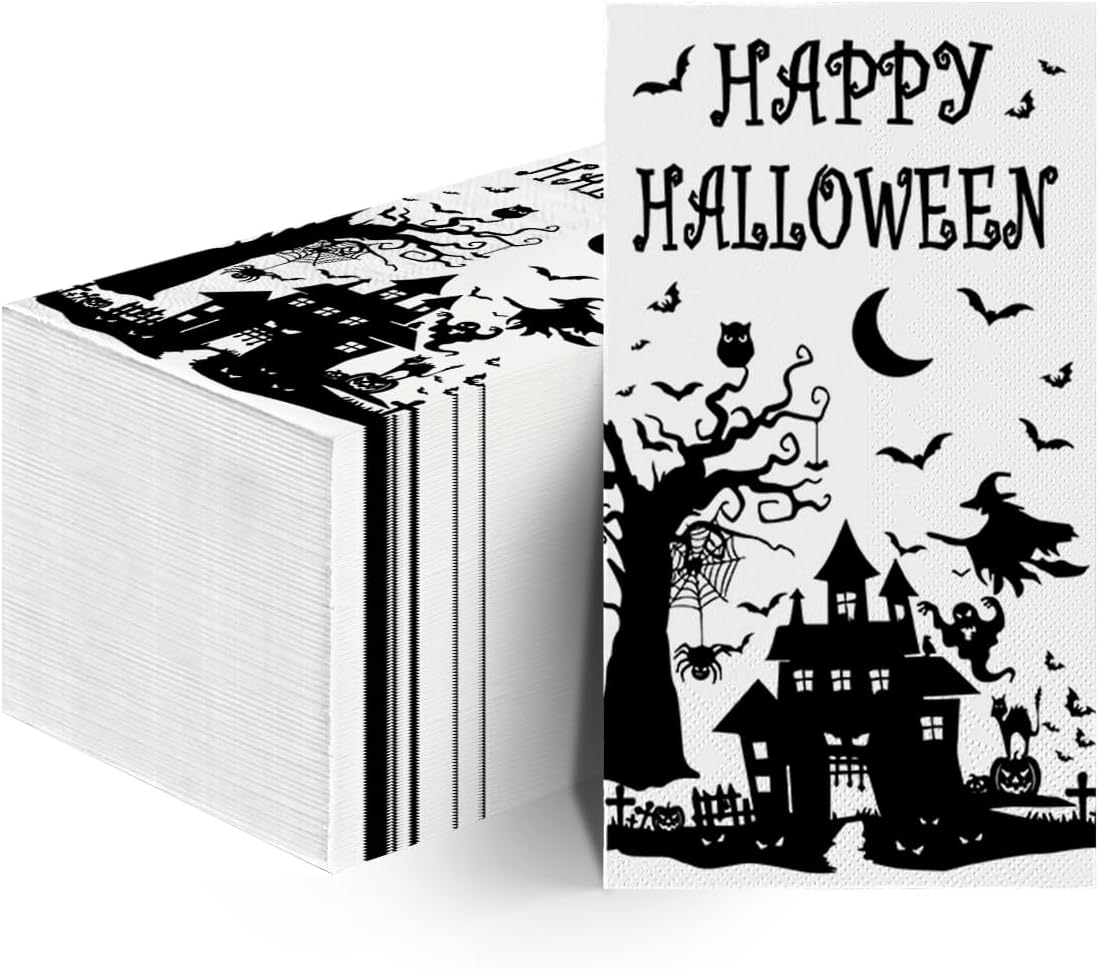 Horaldaily 100 Halloween Disposable Paper Decorative Guest Napkins, Castle Tree Bats Tomb Scary Themed Hand Towel for Party Lunch Dinner Kitchen Bathroom