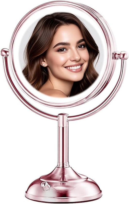 VESAUR Lighted Makeup Mirror Rose Gold Nickel, Double Sided 1X/10X HD Undistorted Magnifying Mirror, 8.5" Vanity Mirror with 3 Colors Dimmable 90 Bright LEDs, 360Â°Swivel Two Power Supply, Luxury Gifts
