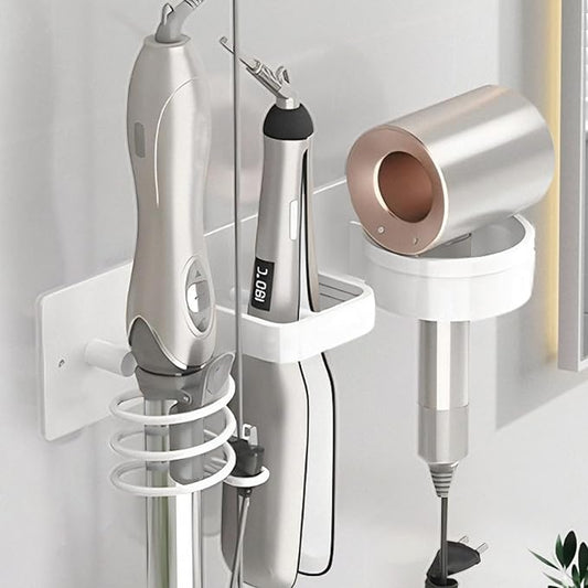 Hair Dryer Holder Wall Mounted,Blow Dryer, Curling Iron, Straightener Holder 3 in 1 Bathroom Metal Hair Tool Organizer Rack-Matte White-1
