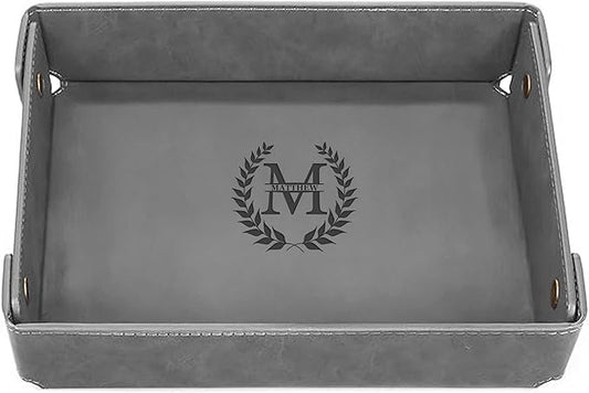Engraved Leather Valet Tray for Men â Personalized Catchall with Custom Name for Desk, Dresser, Nightstand â Men's Organizer Tray for Keys, Wallet, Jewelry, Personalized Gift for Home, Office - Grey