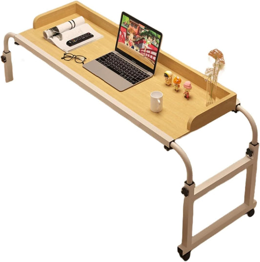 Overbed Table with Wheels for Full/Queen Beds Over-Bed Tables Standing Workstation Food Tray Desk Rolling Medical Table for Twin/Full/Queen/King Size Bed Fram(Color:Wood)