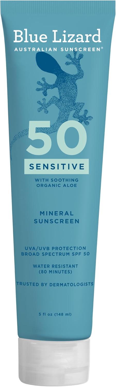 Blue Lizard Sensitive Mineral SPF 50 Sunscreen Lotion, 100% Mineral Sunscreen, UVA/UVB Protection, Infused with organic Aloe Vera, Soothes and Hydrates, 5 fl oz