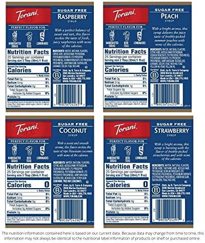 Torani Sugar Free Flavored Drink Syrup Soda Flavors Variety Pack, Raspberry, Coconut, Strawberry & Peach, 25.4 fl oz, (Set of 4)