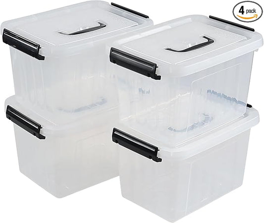 4 Packs Plastic Stackable Storage Container Bin with Lid and Latch, Plastic Latching Box with Handle, 5 L