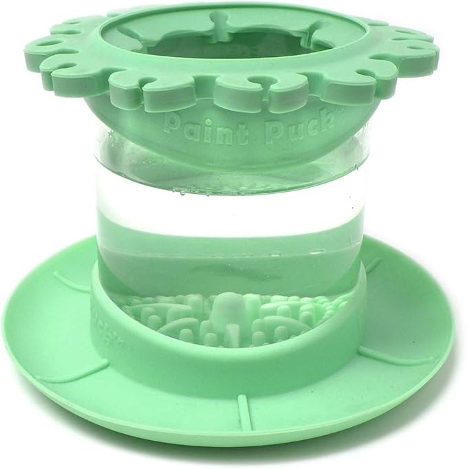 Paint Puck Ultimate Rinse Cup Paint Brush Cleaner (Green, Mug) â Non-Spill Paint Water Cup & Brush Cleaner with Brush Holder, Squeegee Lips & Drip Tray for Acrylic, Watercolor & Art Supplies