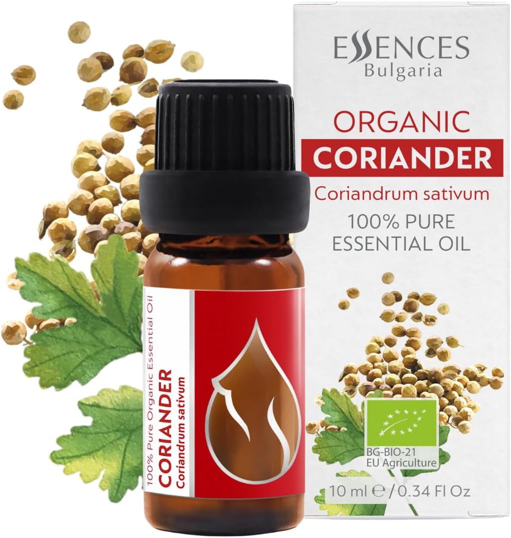 Essences Bulgaria Organic Coriander Essential Oil 1/3 Fl Oz | 10ml | Coriandrum sativum | 100% Pure and Natural | Undiluted | Therapeutic Grade | Family Owned Farm | Steam-Distilled | Non-GMO | Vegan