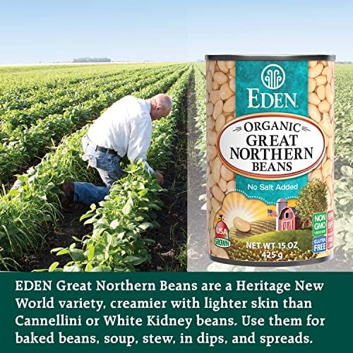 Eden Organic Great Northern Beans, 15 oz Can (12-Pack Case), No Salt Added, Non-GMO, Gluten Free, U.S. Grown, Heat and Serve, Macrobiotic, Similar to Cannellini, Smoother