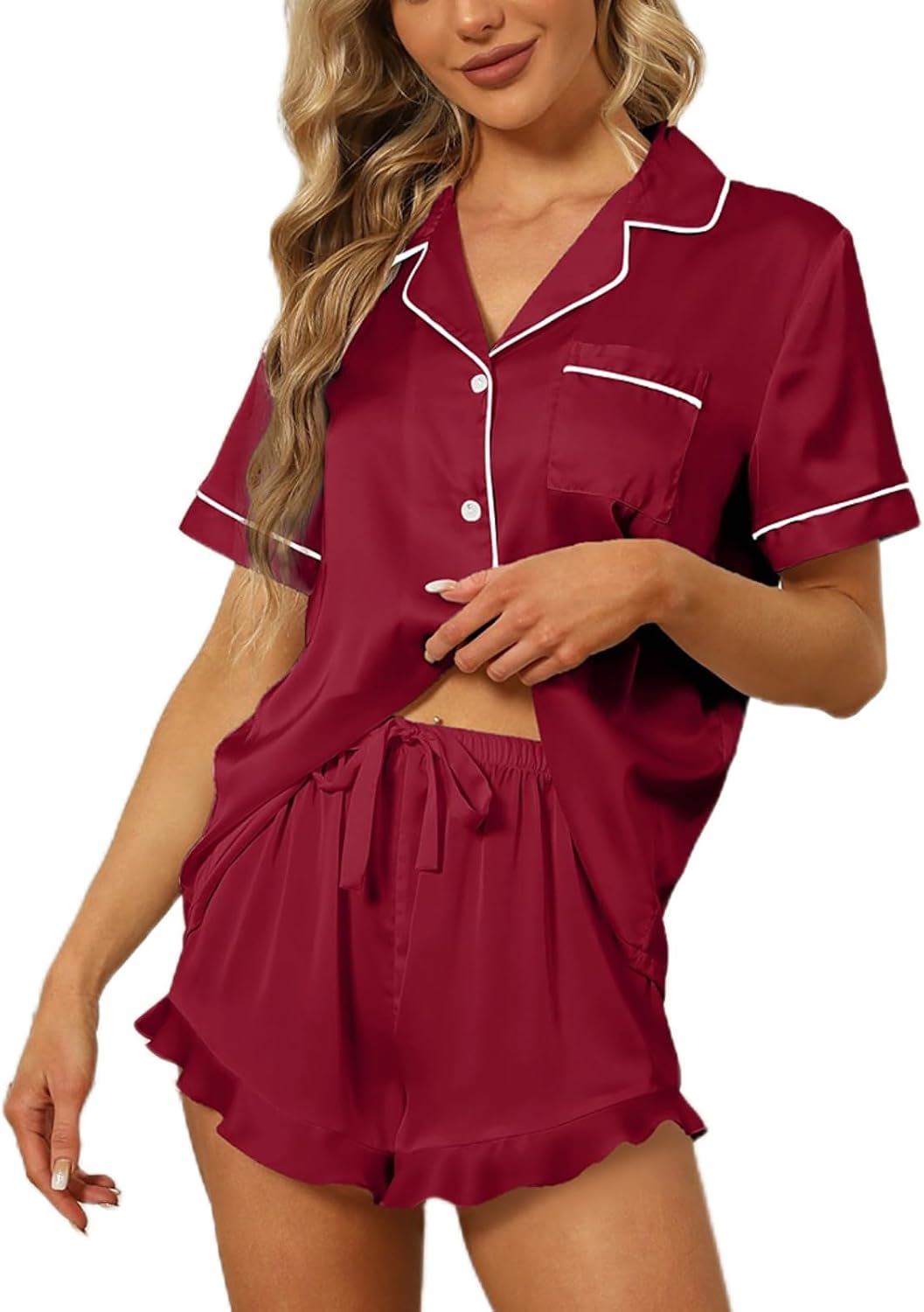 SAPJON Satin Silk Pajamas for Women 2Pcs Ruffle Notch Collar Sleepwear Button Down Short Sleeve Shorts Pjs Set Loungewear