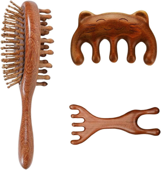 Wooden Scalp Massager Handmade Natural Green Sandalwood Wide Tooth Combs Wood Massage Comb for Head and Face Gua Sha Brush Hair Care Set