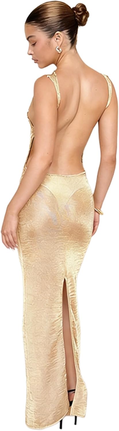 Women's Sexy Glitter Maxi Dress Open Back Sheer Mesh Beach Cover Up Dress Sleeveless Party Vacation Dresses
