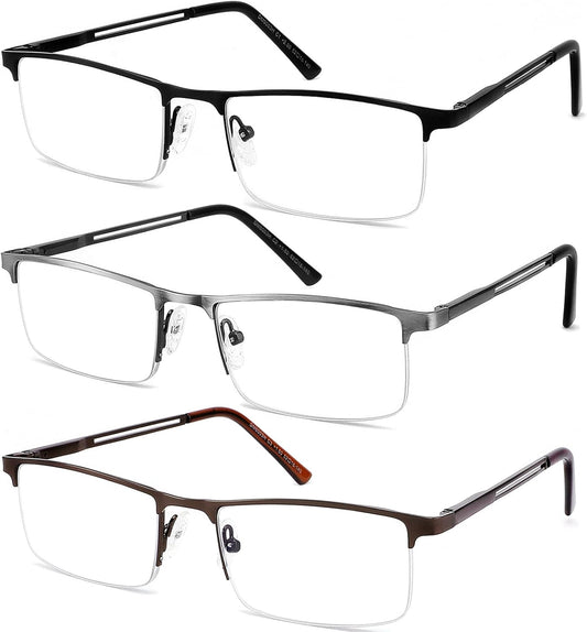 3 Pack Reading Glasses for Men Blue Light Blocking, Lightweight Metal Rectangle Semi Rimless Readers for Men, Anti Eyestrain/UV, Half Frame Spring Hinge Eyeglasses with Pouches 125