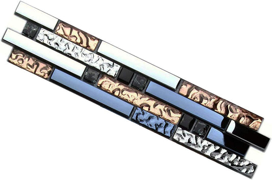 Hominter Metallic Glass Tile Rose Gold, Silver & Ink Blue Interlocking Linear Mosaic for Kitchen Backsplash, Bathroom Walls, Fireplace Surrounds & Accent Decor (3x12 Sample)