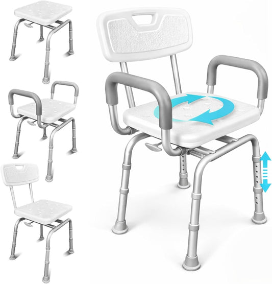 Vive Swivel Shower Chair for Inside Shower - Seat for Elderly, Disabled, Adults, Seniors - 360° Rotating, Narrow & Height Adjustable - Tub Bench Stool for Bathroom Mobility with Removable Back & Arms