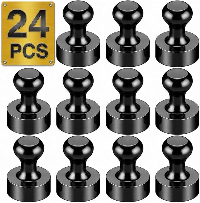 Tiergrade Metallic Magnets, Refrigerator Magnets, 24 Pack Black Magnetic Push Pins, Strong Fridge Magnets, Multi-use Whiteboard Magnets Perfect for Kitchen Office Classroom