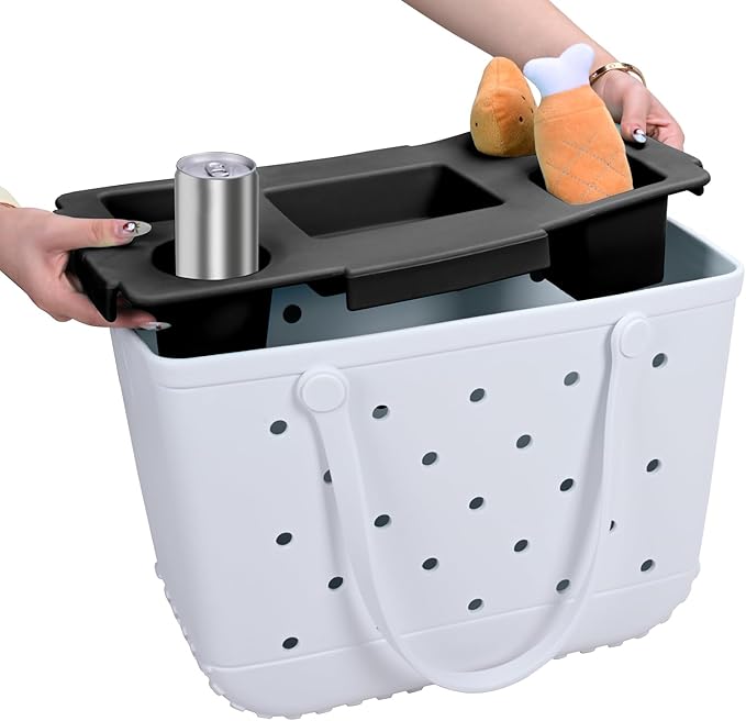 Tote Topper Tray Accessories for Bogg Bag Large - Waterproof EVA Table Top Organizer Lid with Cup Holder, Snack, Phone & Drink Holders for Beach, Pool, Picnic, Travel (Black)