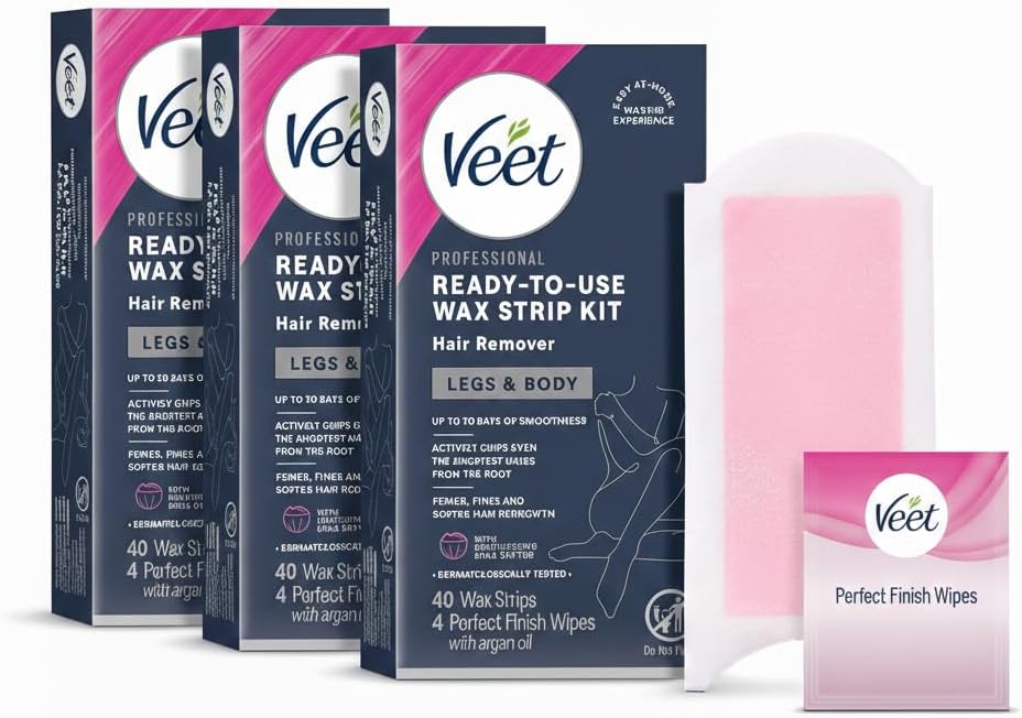 VEET Ready-To-Use Waxing Kit For Women, Wax Strips For Body Hair Removal, Wax Kit For Legs and Body, Personal Care Product, Hair Remover, 40ct Waxing Strips, 4ct Body Wipes (Pack of 3)