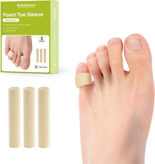 Bukihome Cuttable Toe Tubes Sleeves - Foam Toe Protectors for Corns, Calluses, Blisters - Fabric & Breathable Gel Lining Toe Sleeve Protectors Relief Toe Pressure Pain - Small Size,3 Count,White