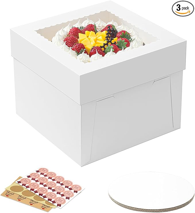 3 Pack Cake Boxes, 10x10x8 Inches Tall Cake Box with Cake Boards, White Bakery Boxes with Window, Disposable Cake Containers with Lids for Cake, Donuts, Pies, Cookies, Wedding, Birthday, Party