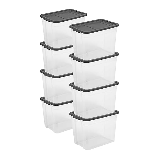 Sterilite 8-Pack Modular Stacker Box, Durable Clear Plastic Storage Bins with Latching Lids, 108 Quart - Stackable Organizing Container Boxes for Closet, Bathroom, and Office