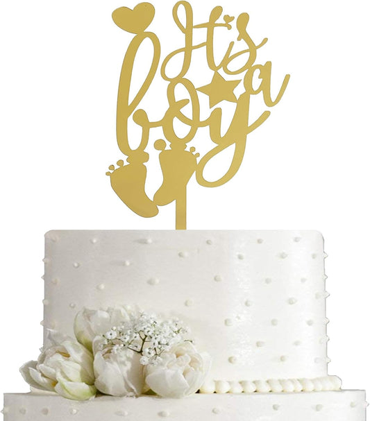 JIEEIN It's a Boy Cake Topper for Baby Shower, Baby Boy 1st Birthday Party Sign, Cute Baby Boy Cake Decor, Gender Reveal Party Decoration Supplies, Mirror Gold