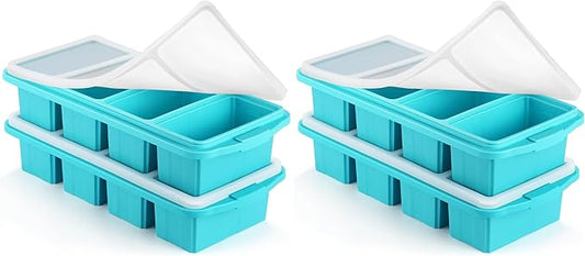 Silicone Freezer Tray With Lid - Silicone Freezer Food Molds- Large Ice Cube Tray,Silicone Freezer Container,Freeze & Store Soup, Sauce, Broth,Leftovers - Makes 4 Perfect 1 Cup (Pack of 2)