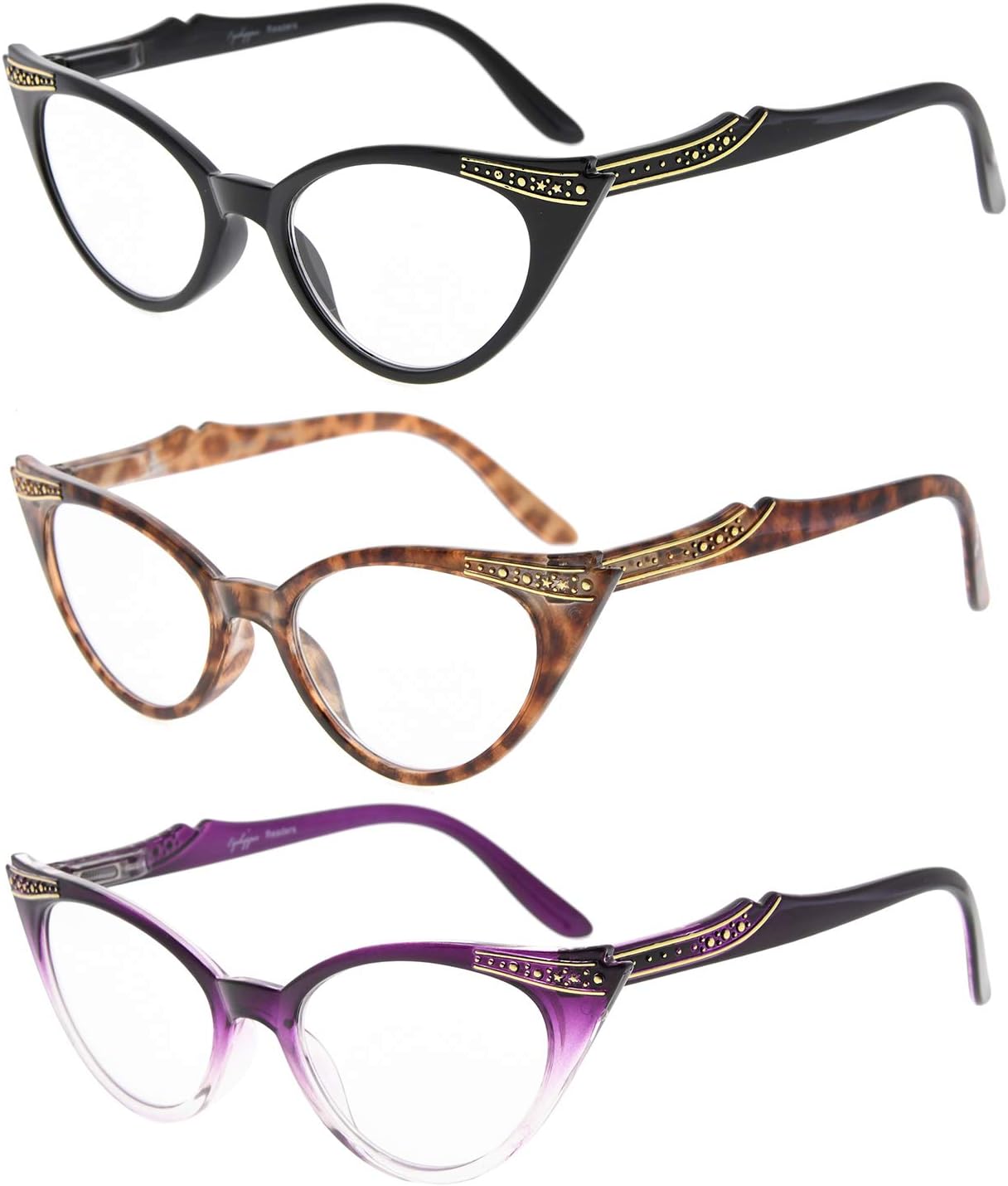 Eyekepper Womens 3 Pairs Reading Glasses Ladies' Vintage Cat Eye Readers (Black/Tortoise/Purple Transparent)